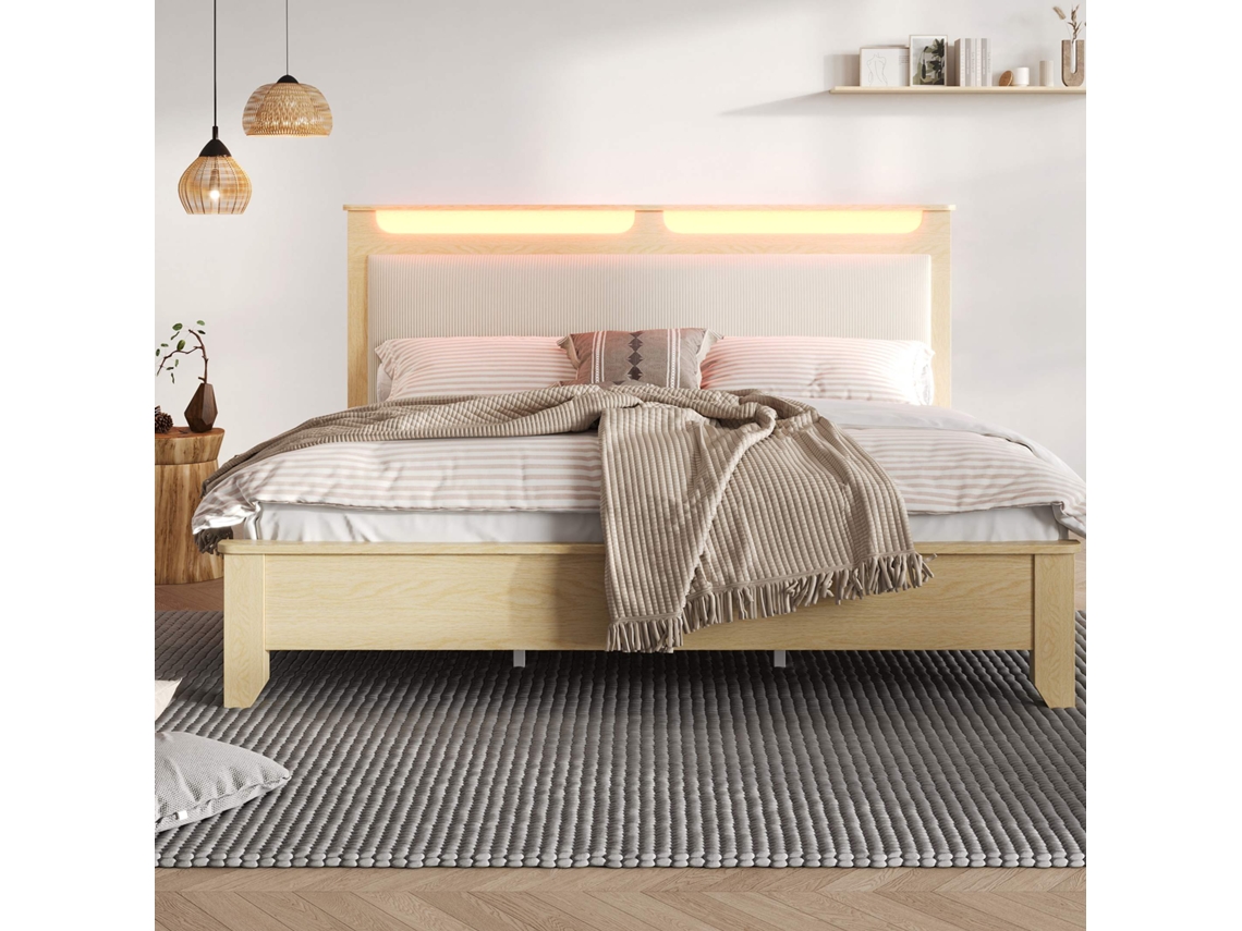 Cama De Casal 160x200 Cm Cabeceira Com Arrumação, Led, Parte Traseira Em Cordão Bege, Estrutura Em Madeira Carvalho Claro Estilo