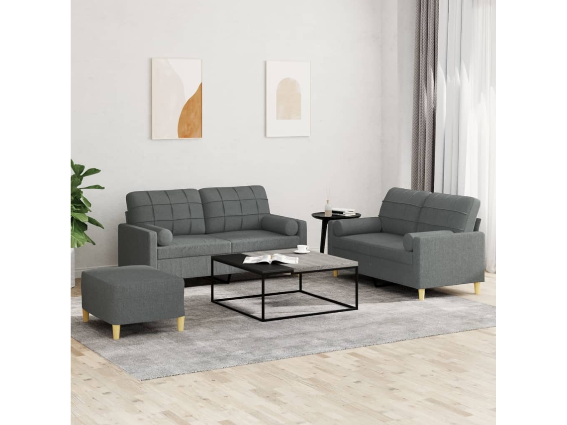 Vidaxl 3 Pcs Conjunto De Sofás Com Almofadas Tecido Cinzento-escuro
