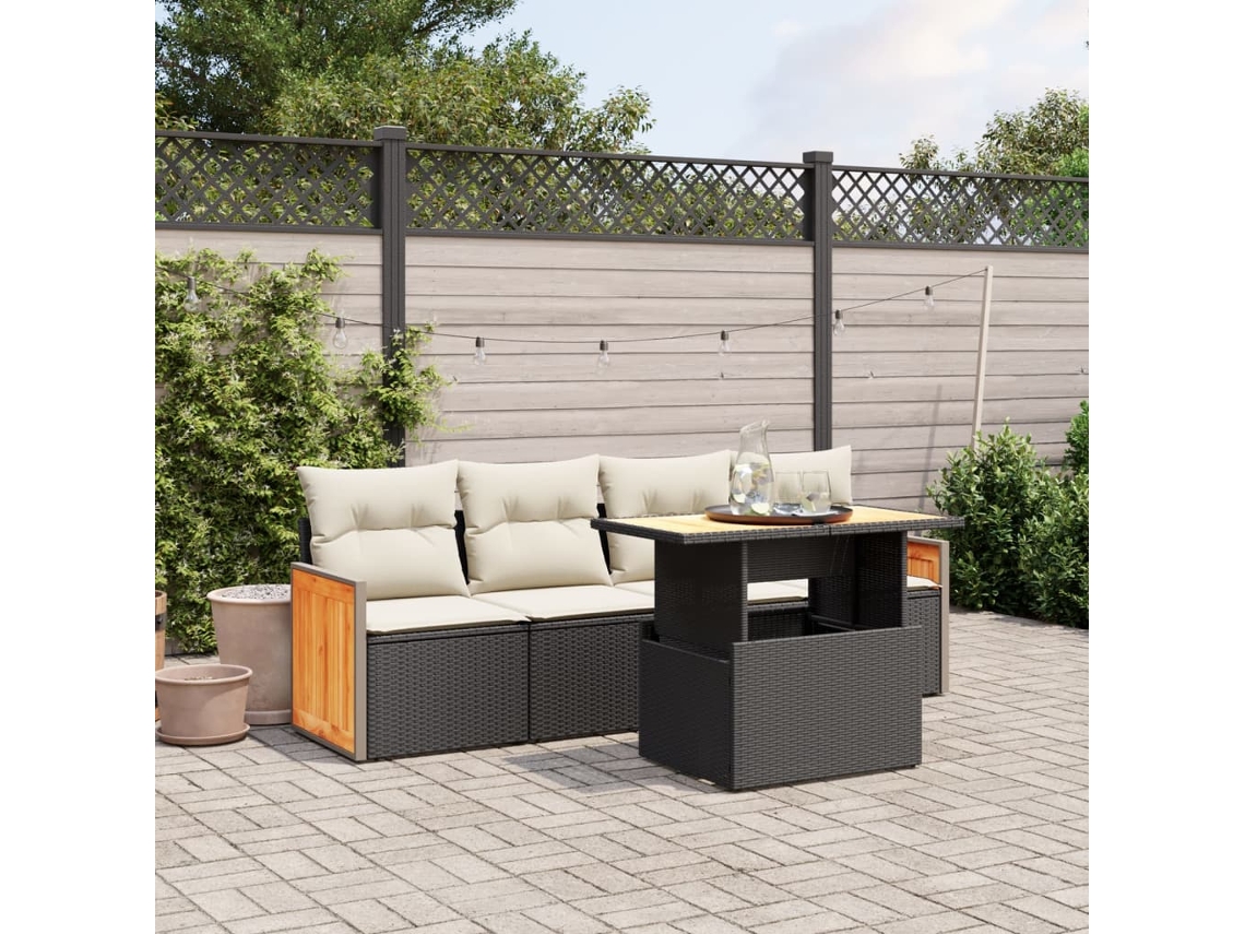 Vidaxl 5 Pcs Conjunto Sofás De Jardim Com Almofadões Vime Pe Preto