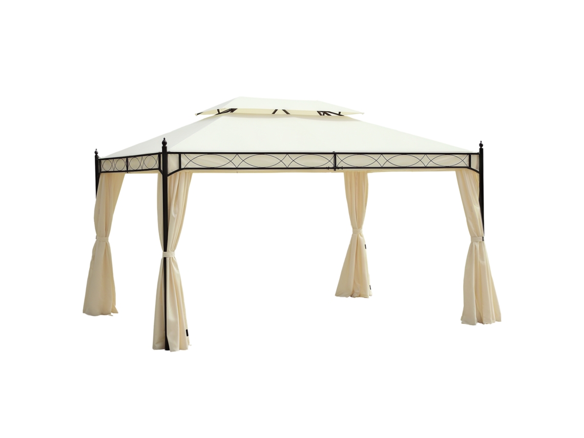 Gazebo de Jardim de Aço de 3x4m com Telhado Duplo e 4 Toldos Laterais. Creme Ge
