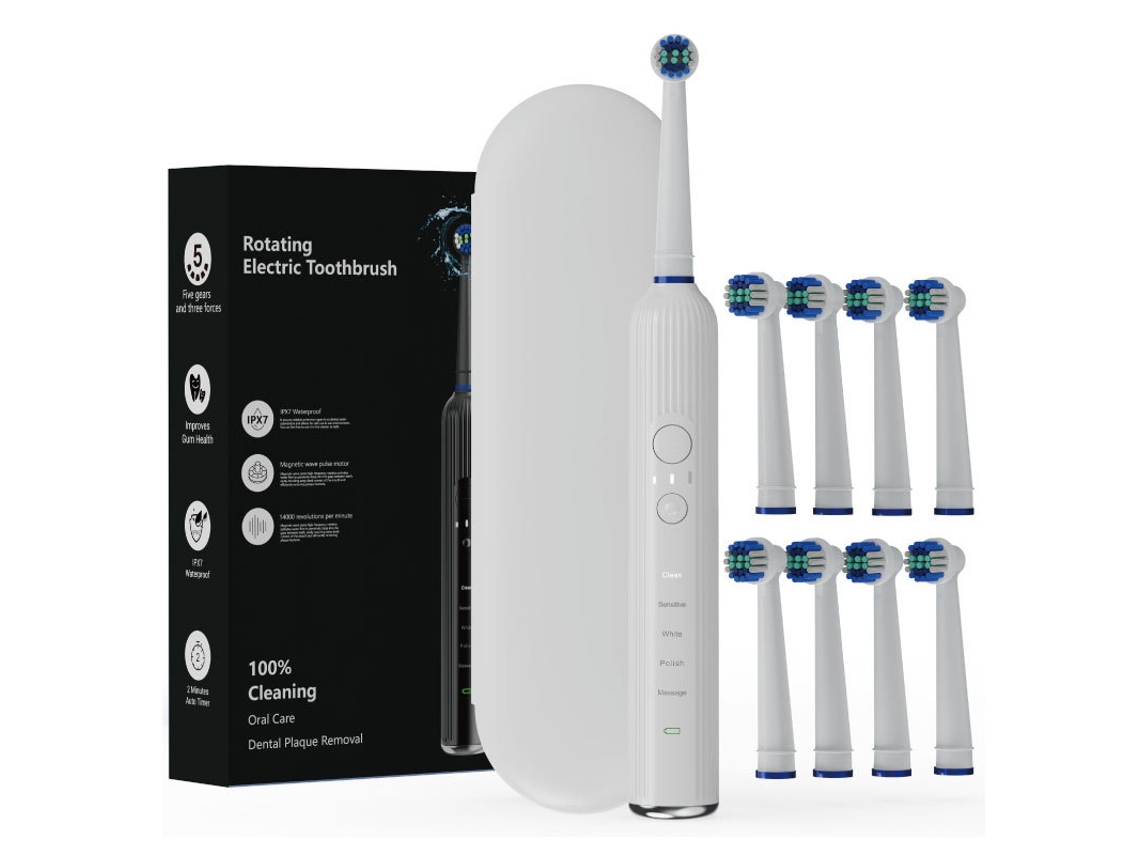 Escova de Dentes Elétrica Adulto, Sônica com 8 Cabeças, Ipx7 À Prova D’água, Recarregável por Usb. Branco CZHHMART