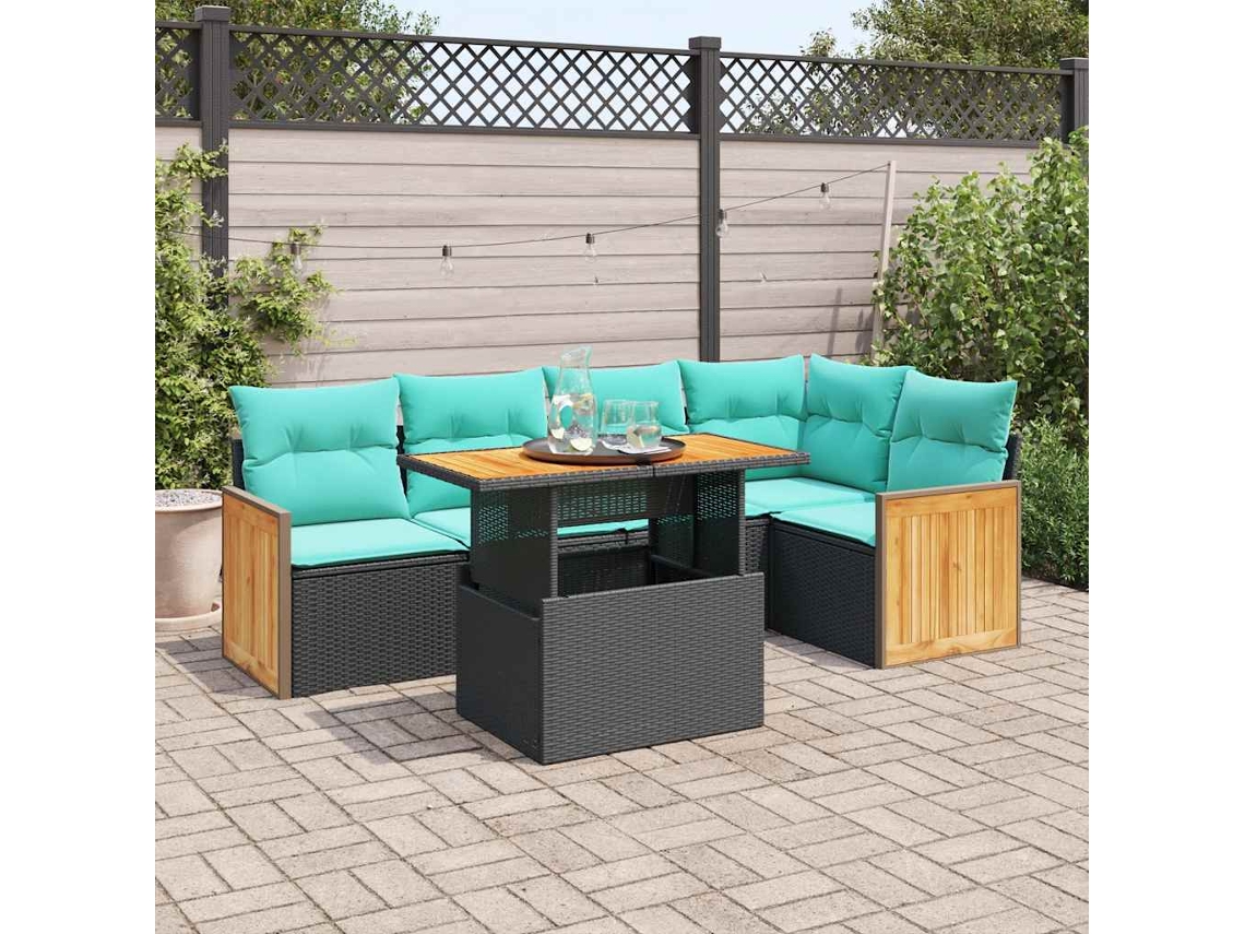 Vidaxl 6 Pcs Conjunto Sofás Jardim C/ Almofadões Vime Pe/acácia Preto