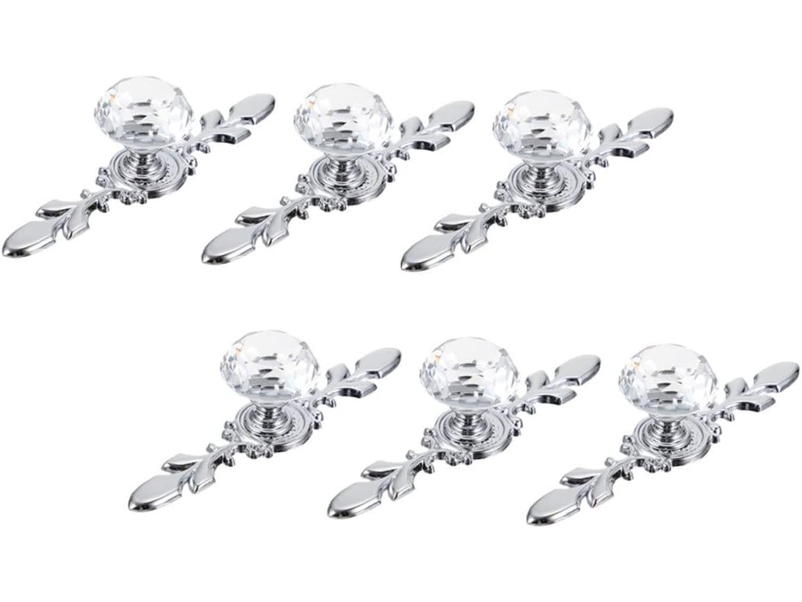 Puxador De Vidro, Puxadores De Porta Cristal, Conjunto De 6 Peças Com Base Prateada, Acabamento Em Cristal Para