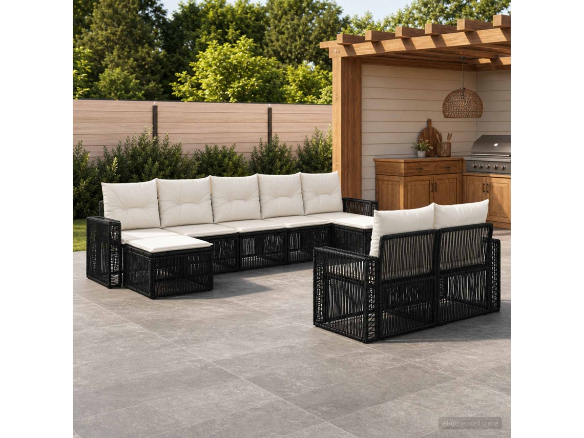 Vidaxl Conjunto De Sofá De Jardim 9 Pcs Preto E Branco Creme Vime Pe