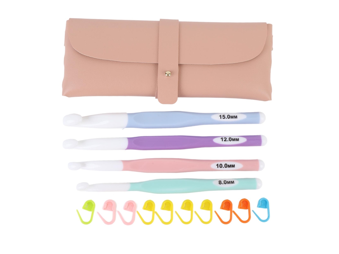 Conjunto De Gancho De Crochê Com Cabo Ergonômico Longo E Marcadores De Ponto, 4 Ganchos + Marcadores + Pacote Rosa