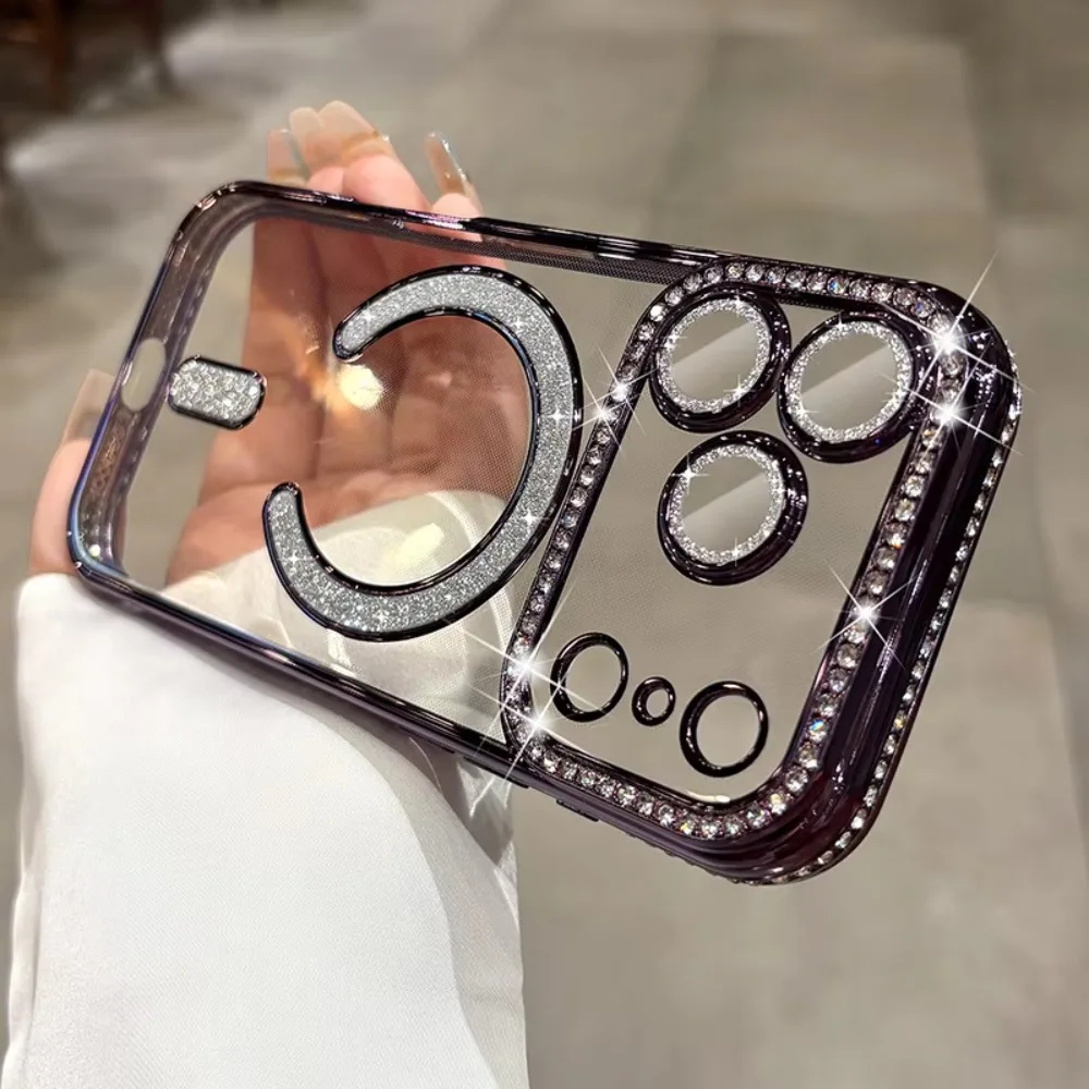 (iphone 17 Pro, Roxo) Capa Magnética Para Iphone, Capa Transparente E Macia Com Brilho De Diamante, Proteção Total Para A Câmera.