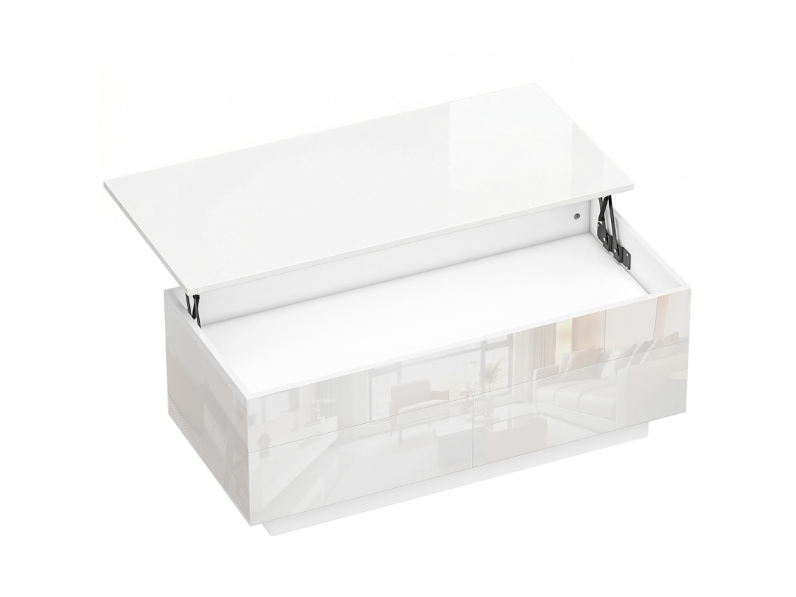 Mesa De Centro Ajustável, Branco Alto Brilho, Com Gavetas E Espaço Oculto.