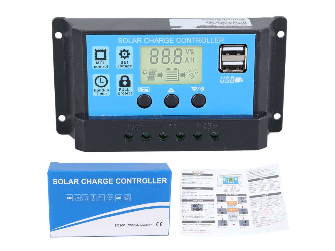 YURU controlador de Carga Solar Pwm 12v 24v 30a com Display Lcd e Saída Usb