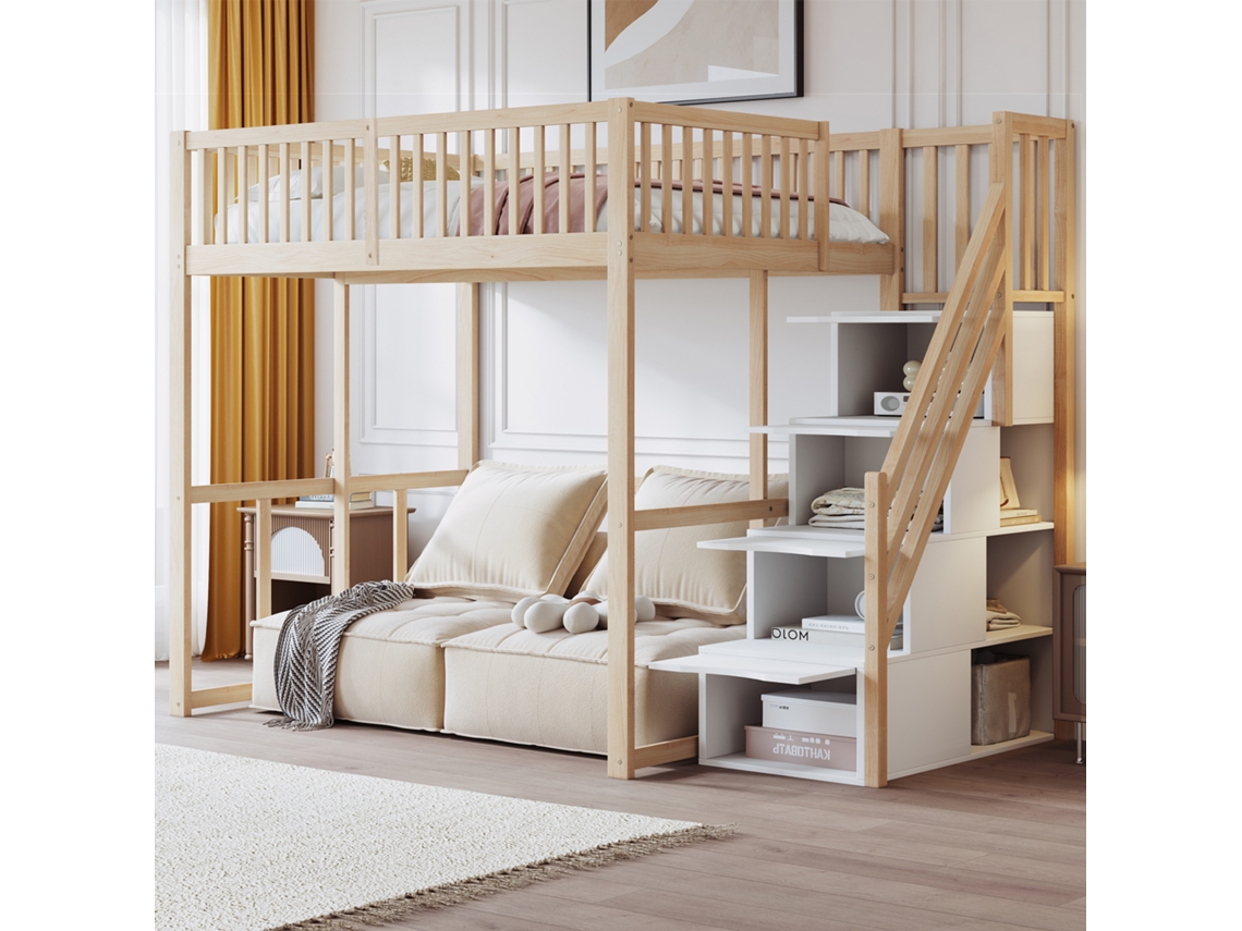 Cama Alta Em Madeira Cor Natural 140x200 Cm