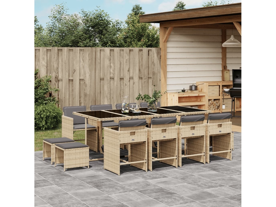 Vidaxl 13 Pcs Conj. Jantar Jardim C/ Almofadões Vime Pe Bege Misturado