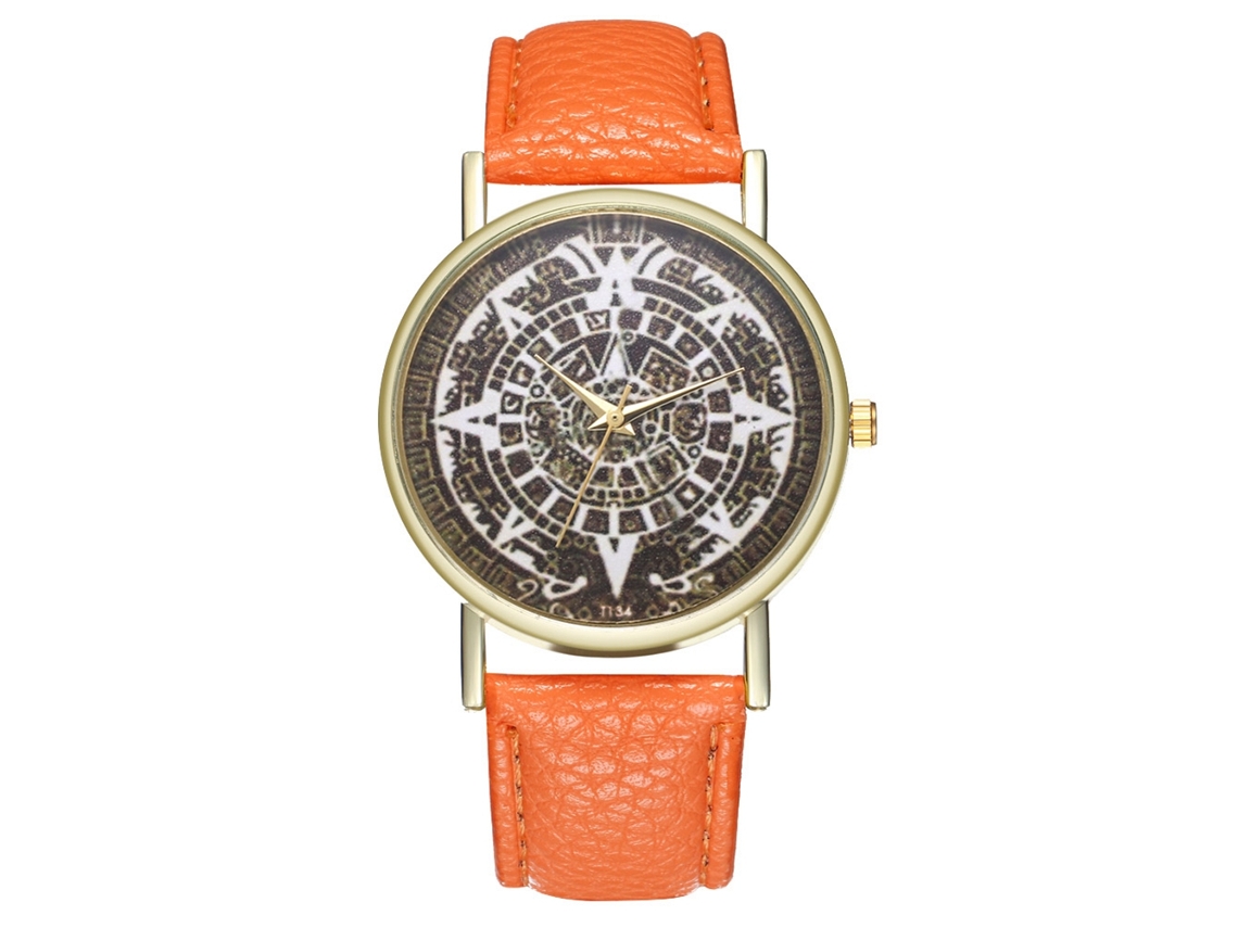 Relógio de Pulso Analógico de Quartzo com Pulseira de Pu Moda Display Redondo Laranja