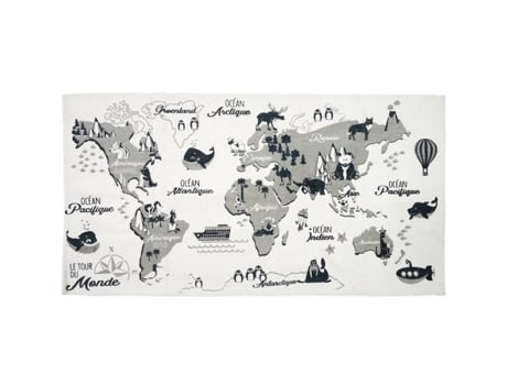 Tapete Infantil Home Deco Mapa Mundial Retangular Branco, Cinza E Preto Algodão 70 X 140 X 0,8