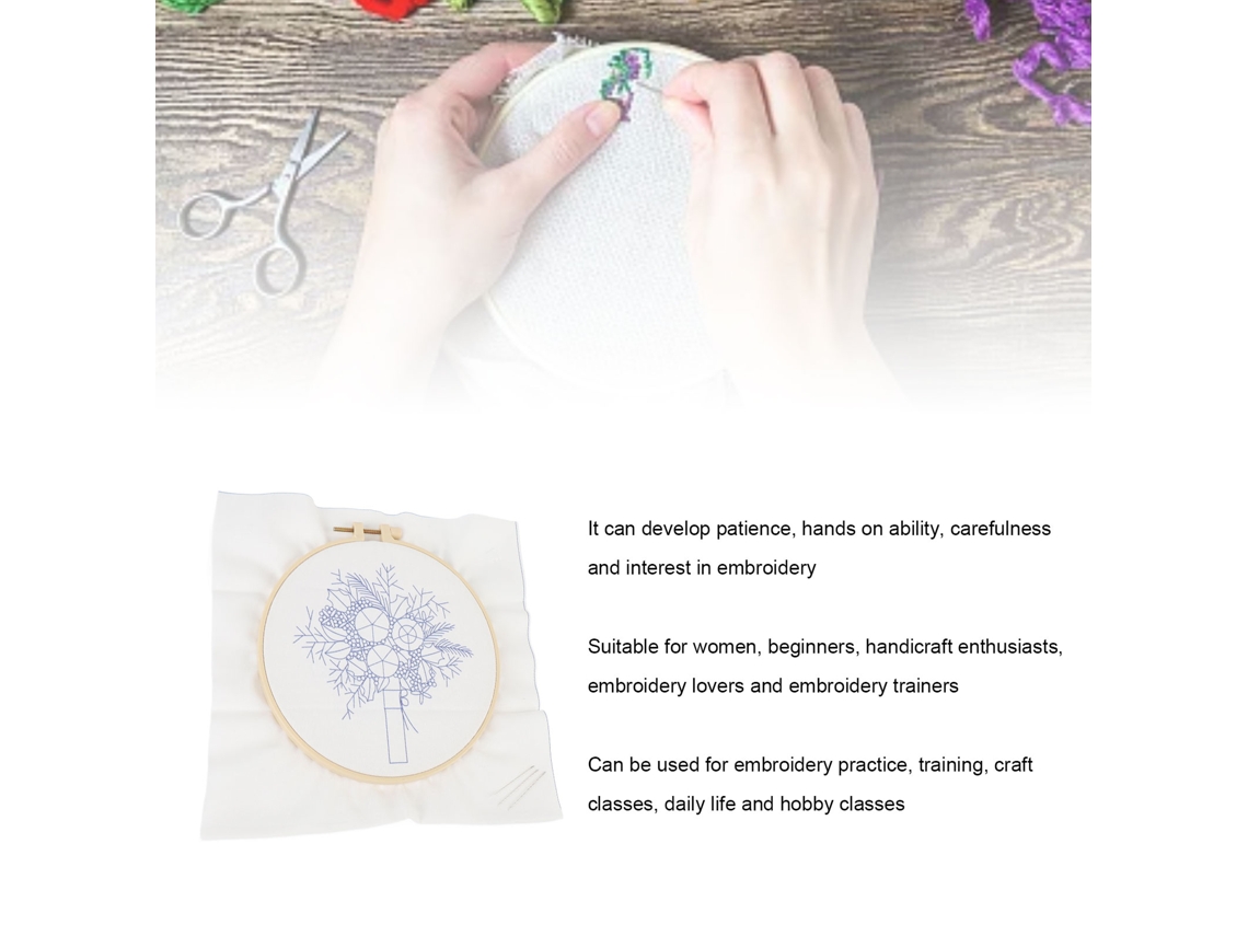 Kit De Início De Bordado Com Padrão Floral Para Iniciantes Anéis E Fios Coloridos Ferramentas 20.5cm