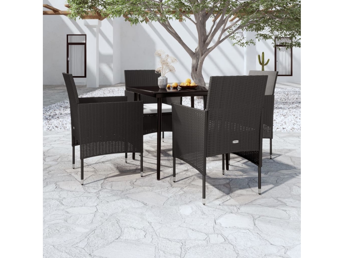 Vidaxl 5 Pcs Conjunto De Jantar P/ Jardim C/ Almofadões Preto