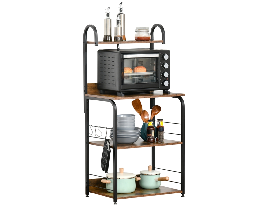 Prateleira de Cozinha BTFORUS 4 níveis com ganchos, suporte para micro-ondas, 60x40x125cm, marrom rústico e preto