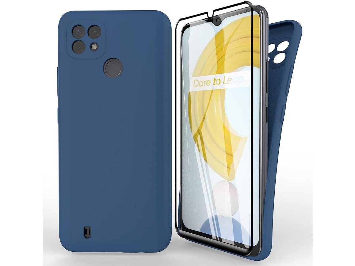 Capa para Realme C21 com Protetor de Tela de Vidro Temperado Capa de Tpu de Silicone Anti-Riscos para Realme C21 Azul HONGWE.