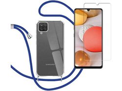 Capa com Gargantilha Azul e 2 Vidros Temperados 2.5D para Samsung Galaxy A12 HONGWE.