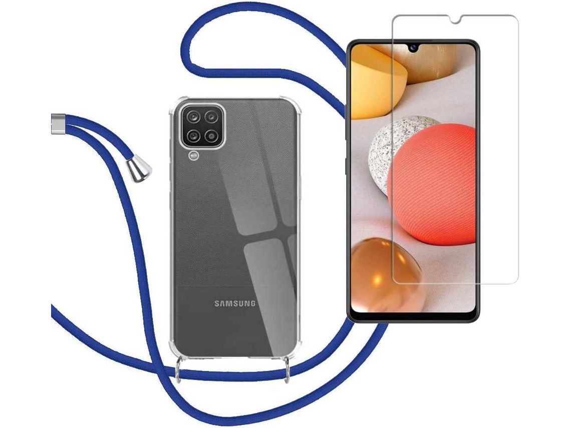 Capa com Gargantilha Azul e 2 Vidros Temperados 2.5D para Samsung Galaxy A12 HONGWE.