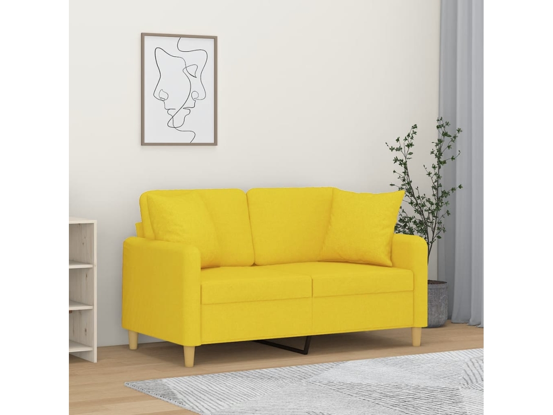 Vidaxl Sofá 2 Lug. + Almofadas Decorativas 120 Cm Tecido Amarelo-claro