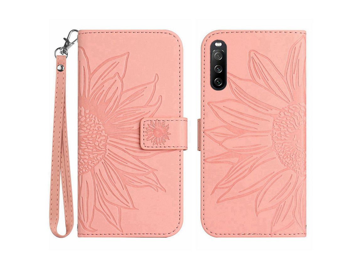 For Sony Xperia 10 Iv 5G Ht04 Phone Case Cushion Buffer Skin-Touch Pu Leather Imprinted Sunflower Stand Wallet Cover With Hand Straplight Pink