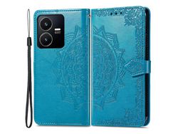 For Vivo Y22S 4G / Y22 4G Full Protection Magnetic Clasp Phone Cover Embossed Mandala Pattern Pu Leather Wallet Stand Anti-Shock Phone Caseblue