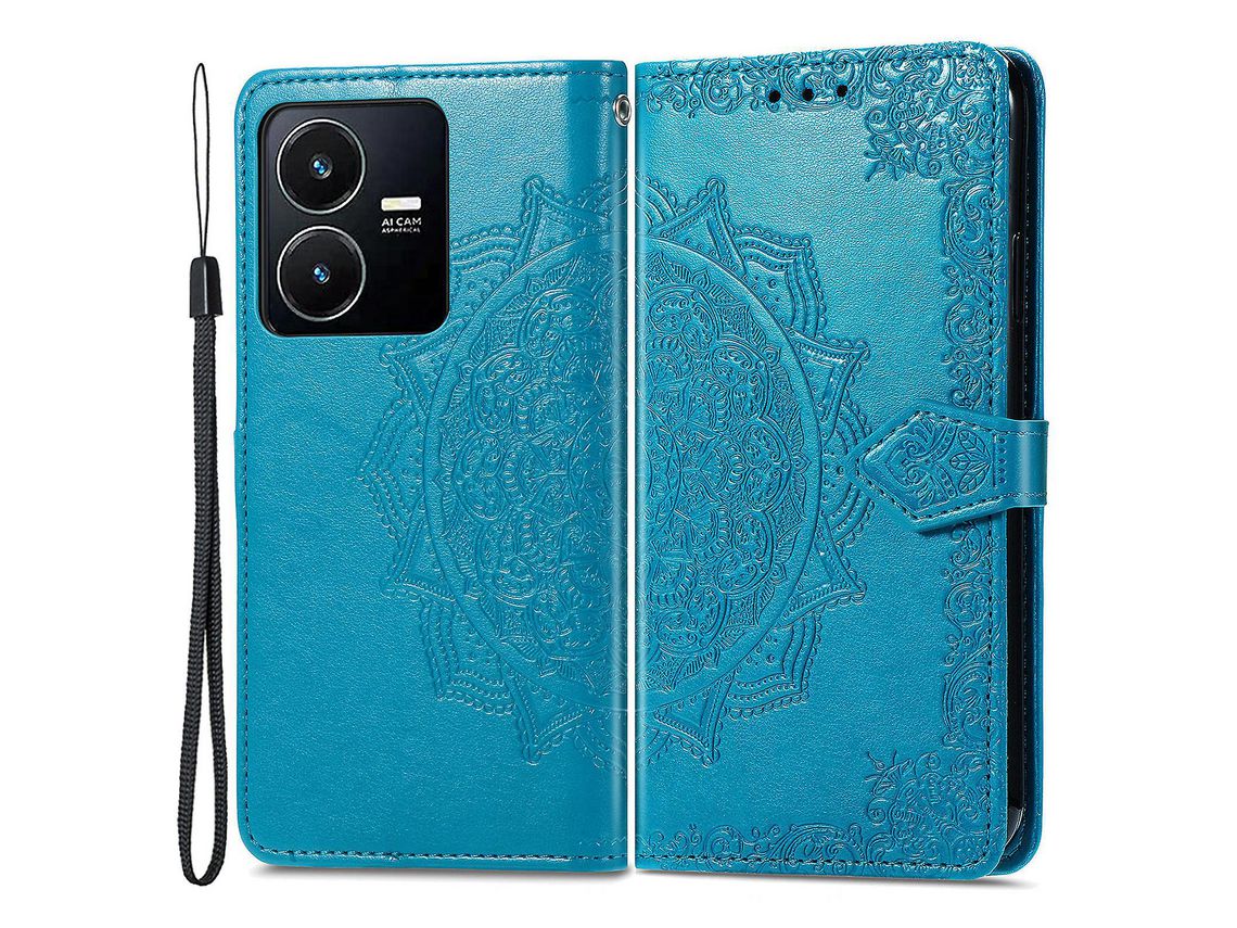 For Vivo Y22S 4G / Y22 4G Full Protection Magnetic Clasp Phone Cover Embossed Mandala Pattern Pu Leather Wallet Stand Anti-Shock Phone Caseblue