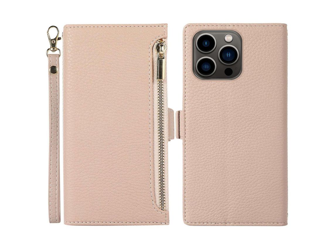 For Iphone 13 Pro Max 6.7 Inch Zipper Pocket Design Litchi Texture Phone Case Pu Leather Flip Cover Wallet With Strapapricot