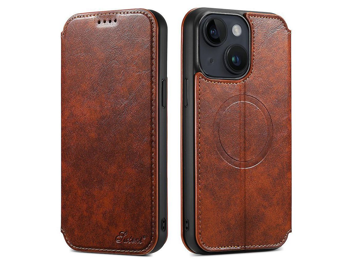 Suteni J05 Compatible With Magsafe Cell Phone Cover For Iphone 14 Plus Magnetic Stand Wallet Pu Leather Casekhaki