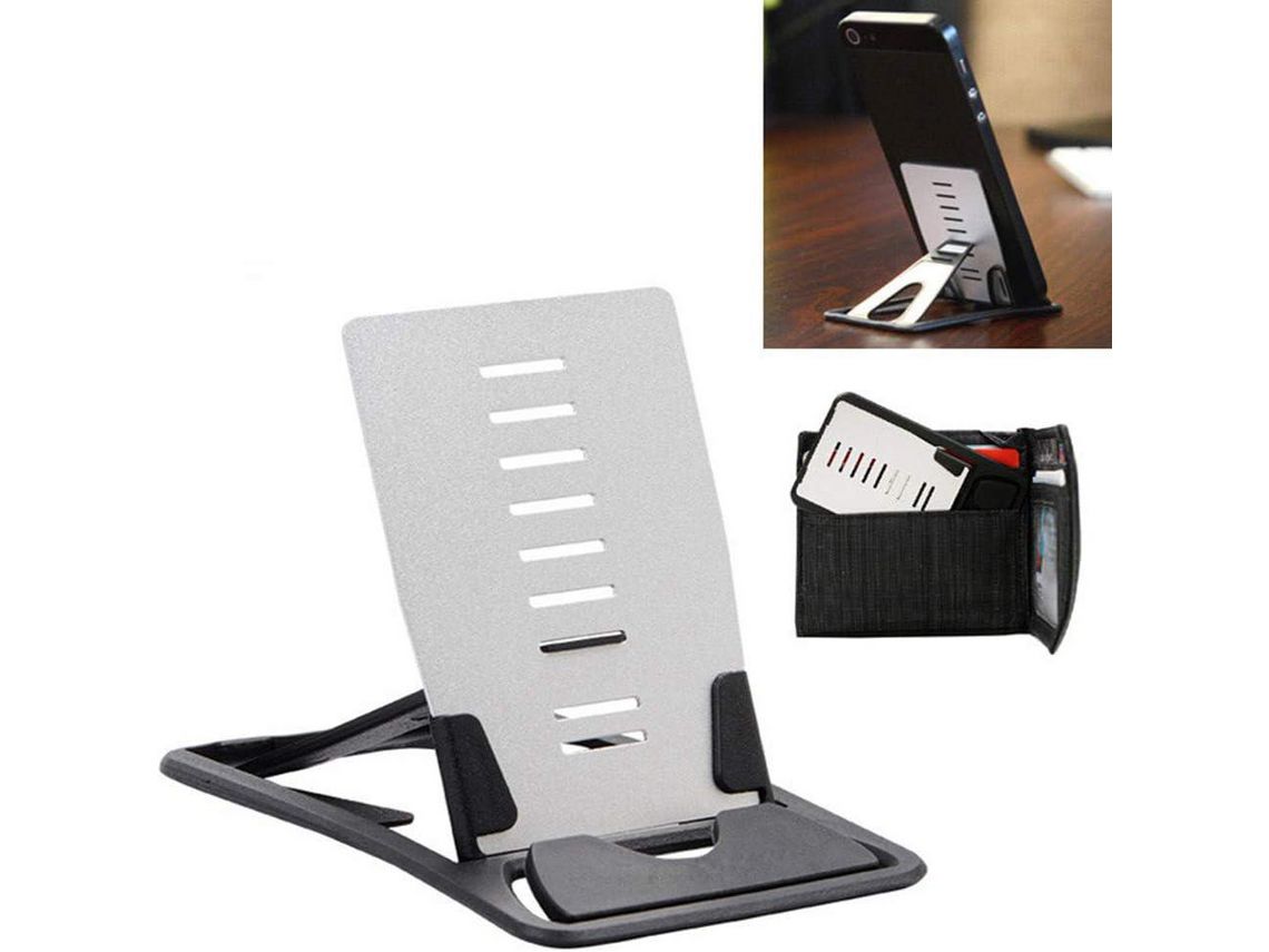 Foldable Phone Holder Adjustable Desktop Phone Holder Mobile Phone Stand Universal Pocket Cell Phone Holder Card Type Holder Small Aluminum-Black——Ve
