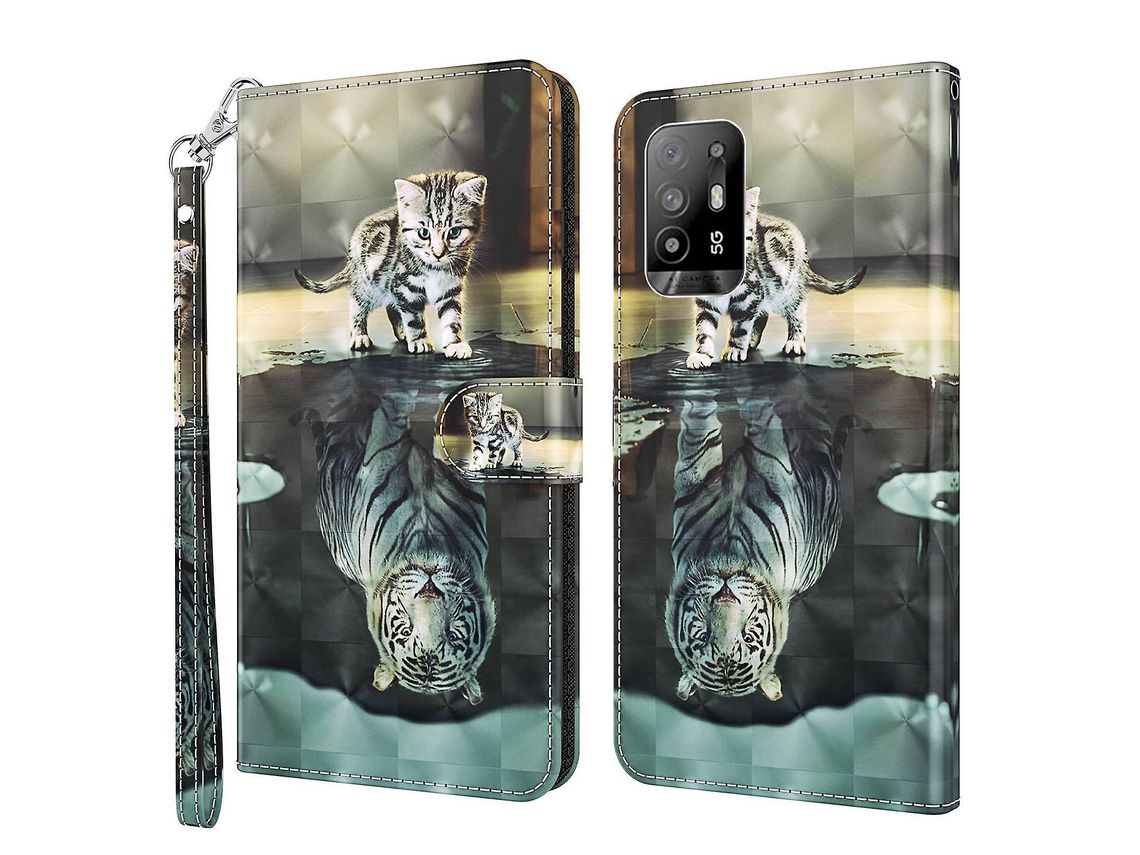 For Oppo A94 5G/A95 5G Pu Leather 3D Pattern Printing Phone Cover Wrist Strap Wallet Style Magnetic Buckle Viewing Stand Flip Casecat And Tiger