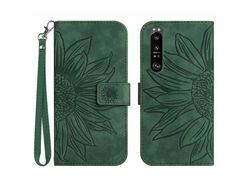 For Sony Xperia 1 Iv 5G Ht04 Phone Case Skin-Touch Pu Leather Imprinted Sunflower Foldable Stand Wallet Cover With Hand Strapdark Green