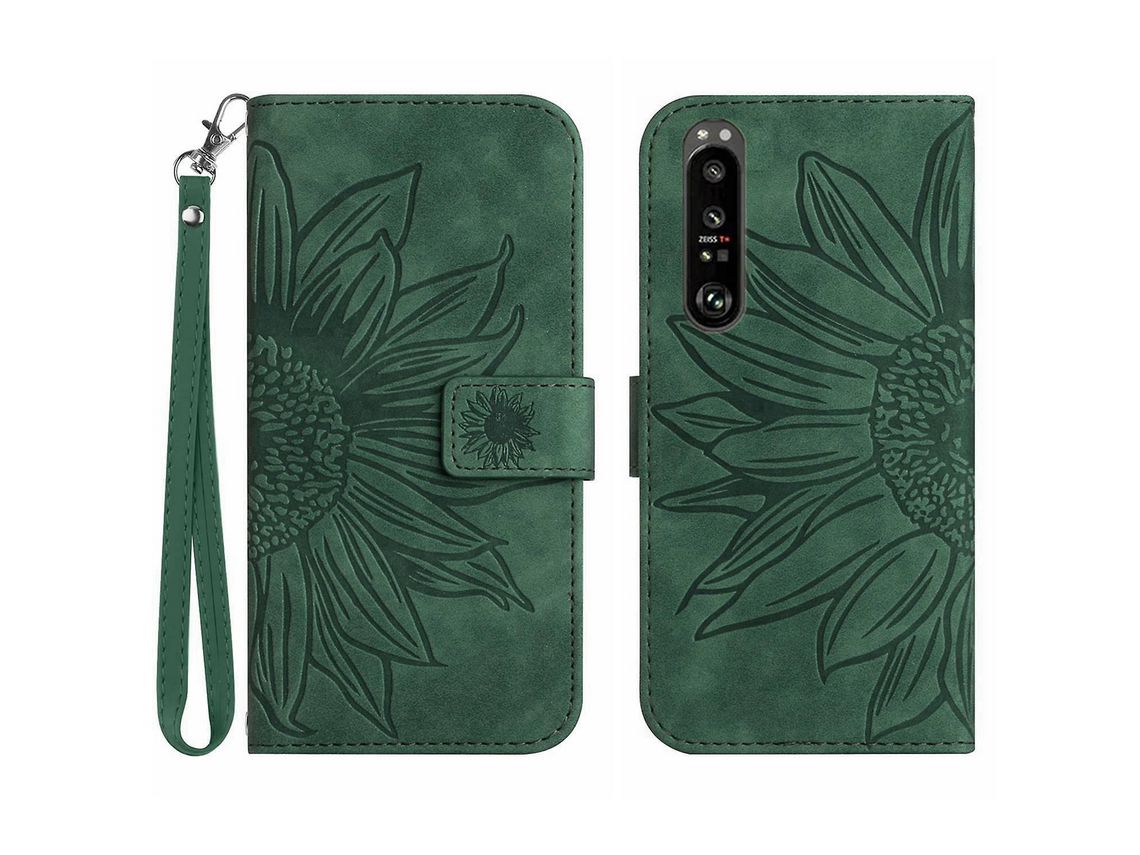 For Sony Xperia 1 Iv 5G Ht04 Phone Case Skin-Touch Pu Leather Imprinted Sunflower Foldable Stand Wallet Cover With Hand Strapdark Green