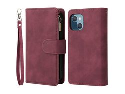 For Iphone 14 6.1 Inch Zipper Pocket Design Pu Leather Anti-Drop Phone Cover Multiple Card Slots Wallet Stand Protective Casewine Red