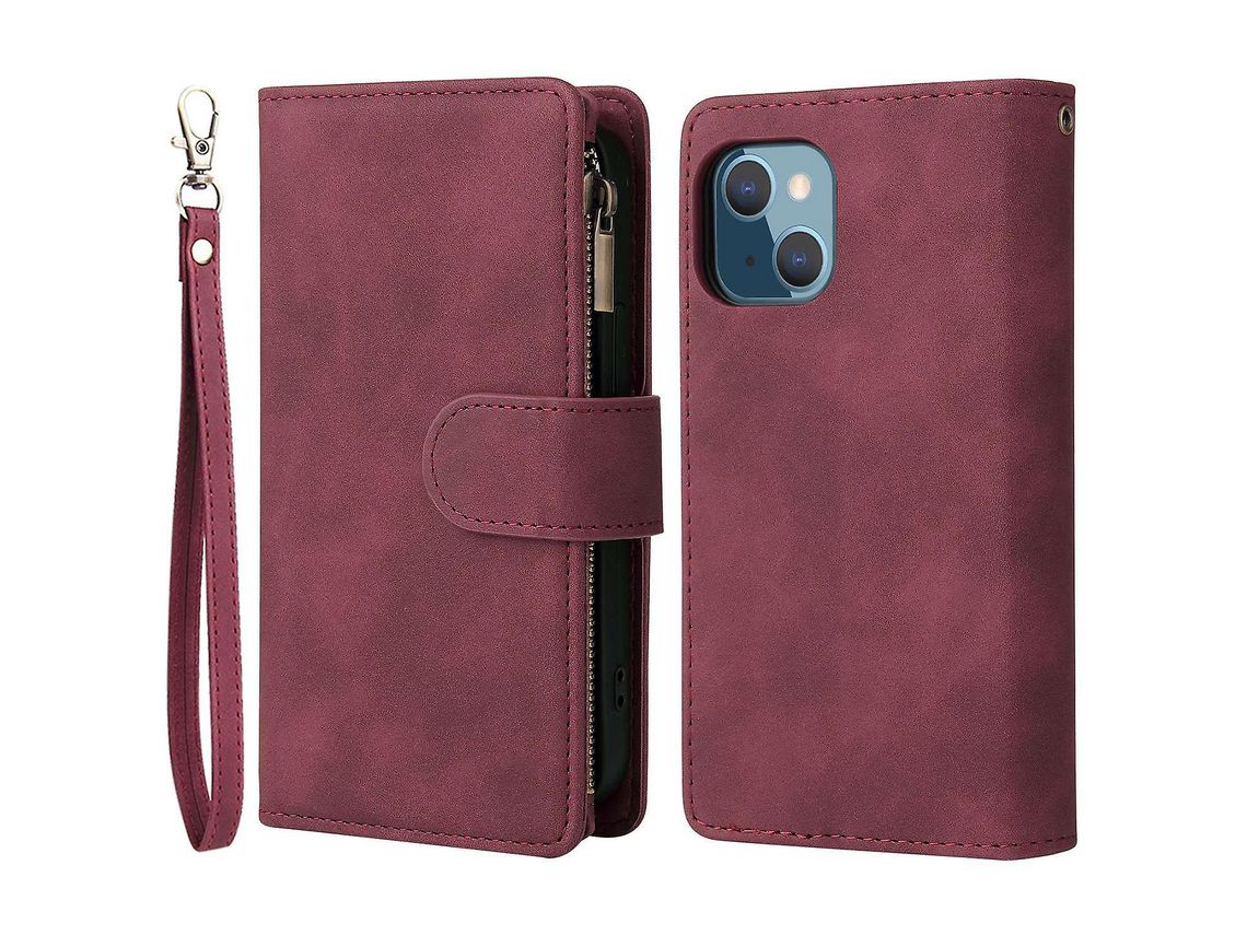 For Iphone 14 6.1 Inch Zipper Pocket Design Pu Leather Anti-Drop Phone Cover Multiple Card Slots Wallet Stand Protective Casewine Red