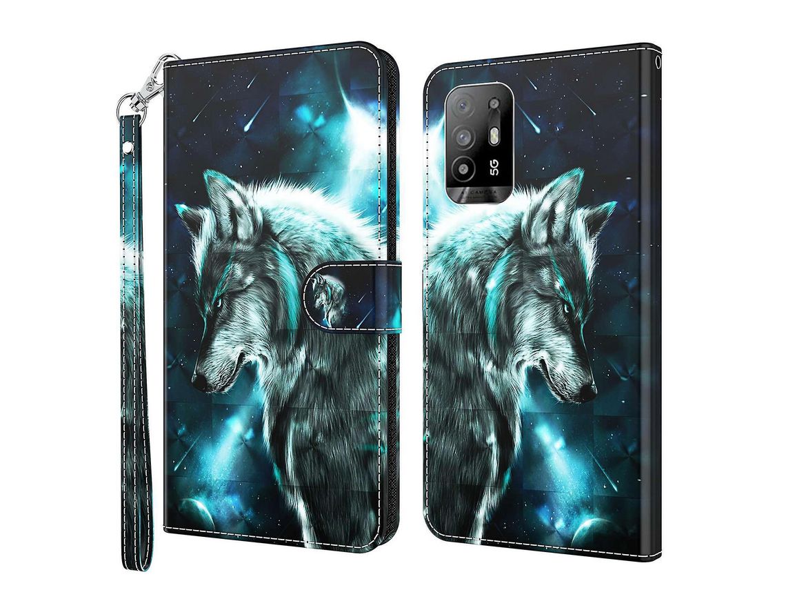 For Oppo A94 5G/A95 5G Pu Leather 3D Pattern Printing Phone Cover Wrist Strap Wallet Style Magnetic Buckle Viewing Stand Flip Casewolf