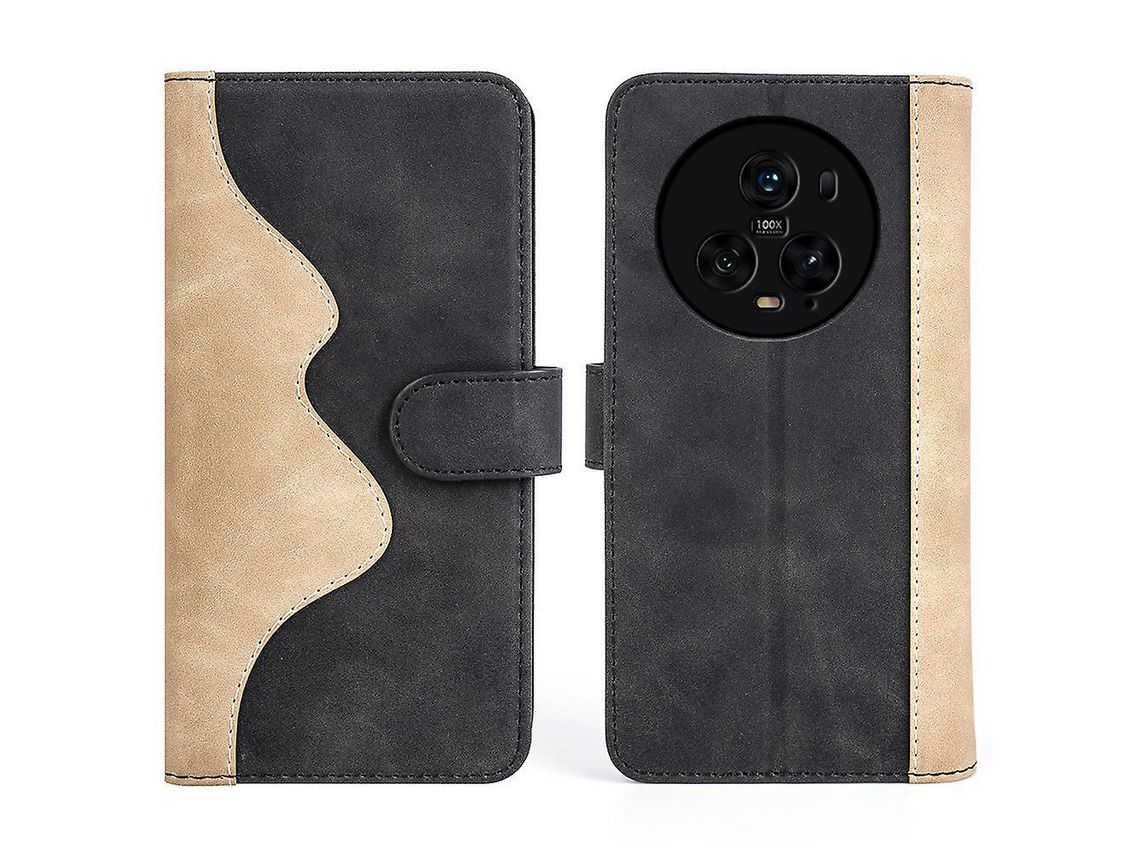 For Honor Magic5 Pro Leather Wallet Phone Cover Dual Color Splicing Shockproof Stand Mobile Caseblack