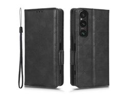 For Sony Xperia 1 V Cell Phone Cover Stand Wallet Imprinted Triangle Pu Leather Phone Caseblack