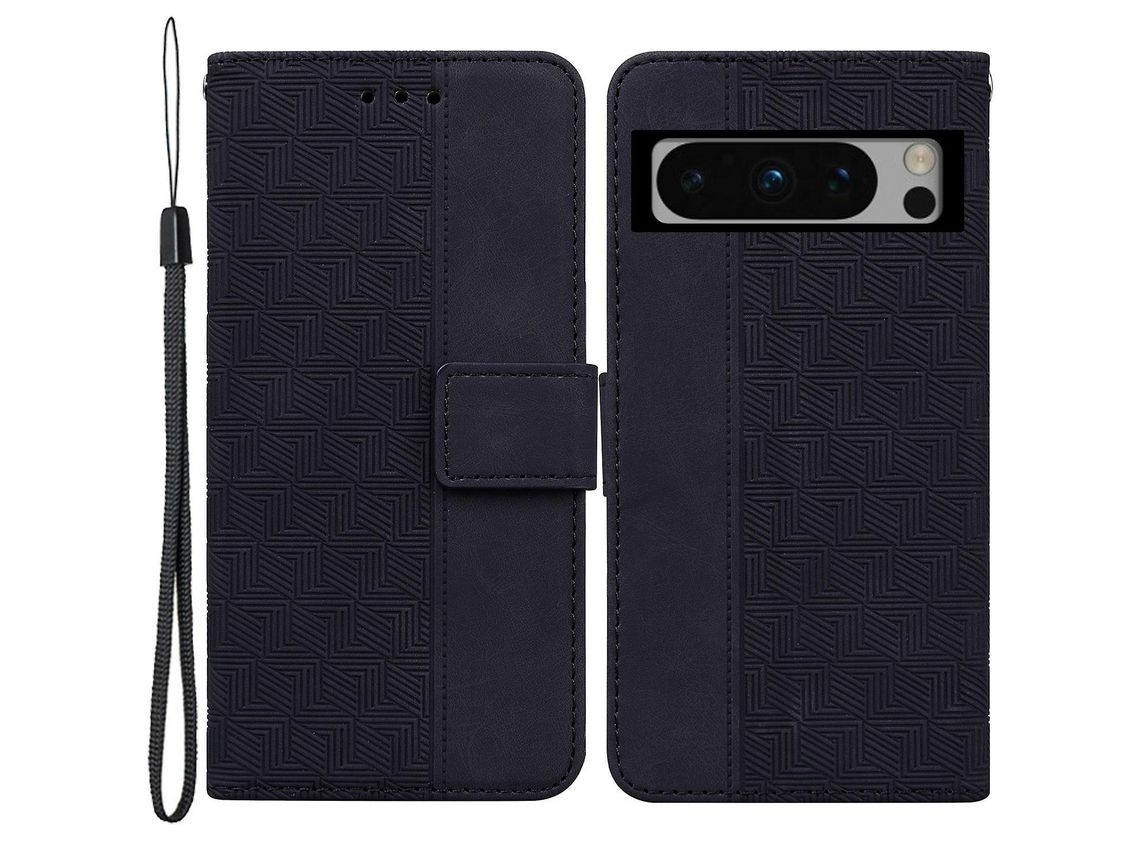 For Google Pixel 8 Pro Leather Phone Cover Geometry Pattern Imprinted Stand Wallet Caseblack