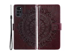 For Motorola Moto G22 Fully Wrapped Pu Leather Phone Flip Cover Wallet Stand Design Imprinted Mandala Flower Phone Casebrown
