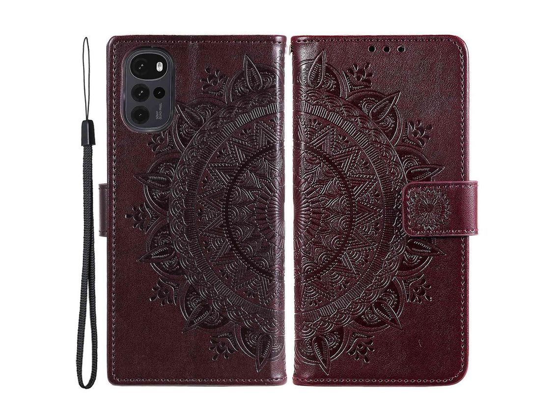 For Motorola Moto G22 Fully Wrapped Pu Leather Phone Flip Cover Wallet Stand Design Imprinted Mandala Flower Phone Casebrown