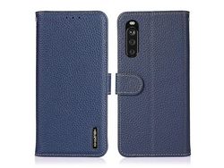 Khazneh For Sony Xperia 10 Iii 5G Wallet Design Litchi Texture Top Layer Genuine Leather Shell Cell Phone Stand Caseblue