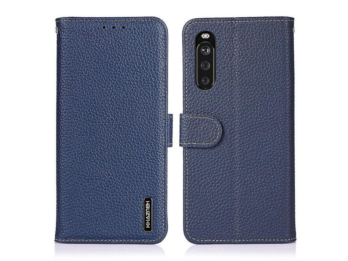 Khazneh For Sony Xperia 10 Iii 5G Wallet Design Litchi Texture Top Layer Genuine Leather Shell Cell Phone Stand Caseblue