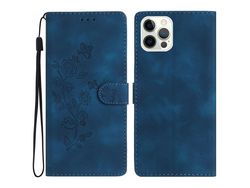For Iphone 13 Pro Max 6.7 Inch Flower Imprint Protection Shell Leather Wallet Stand Phone Caseblue