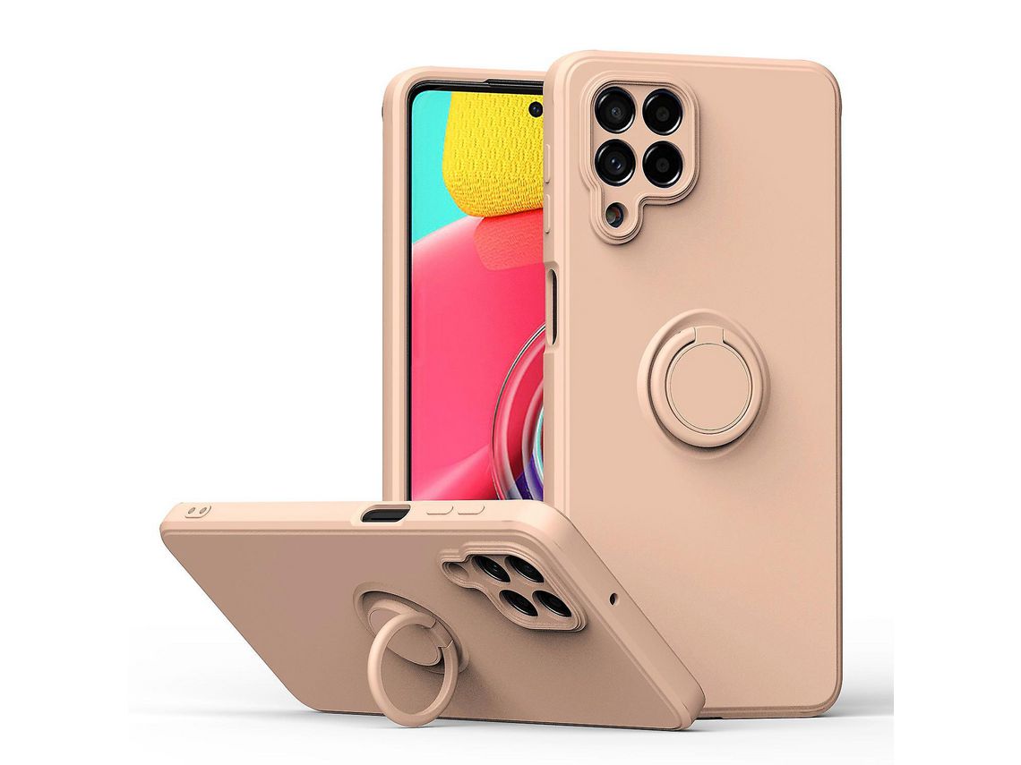 For Samsung Galaxy M53 5G Finger Ring Kickstand Design Anti-Scratch Cover Liquid Silicone Cell Phone Protective Casepink