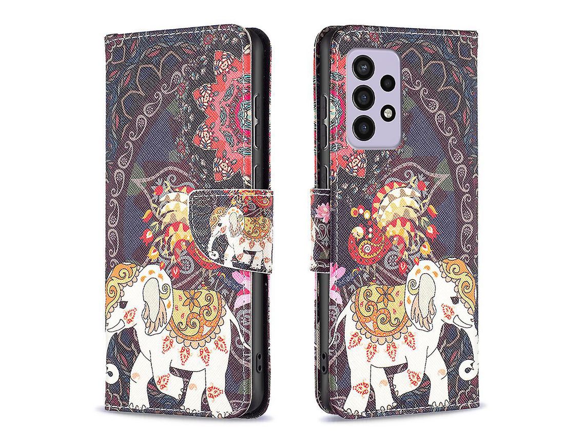 For Samsung Galaxy A33 5G Pattern Printing Pu Leather Magnetic Flip Cover Stand Function Wallet Purse Caseflower And Elephant