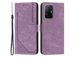 For Xiaomi 11T Pro 5G / 11T 5G Skin-Touch Leather Wallet Full Protection Shell Lines Imprint Flip Stand Phone Casepurple