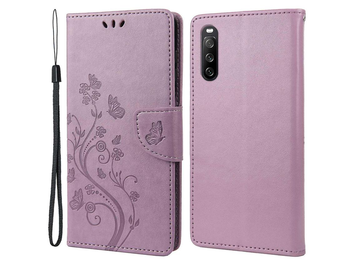 For Sony Xperia 10 Iv Butterfly Flower Imprinted Wallet Case Pu Leather Stand Flip Cover With Hand Straplight Purple