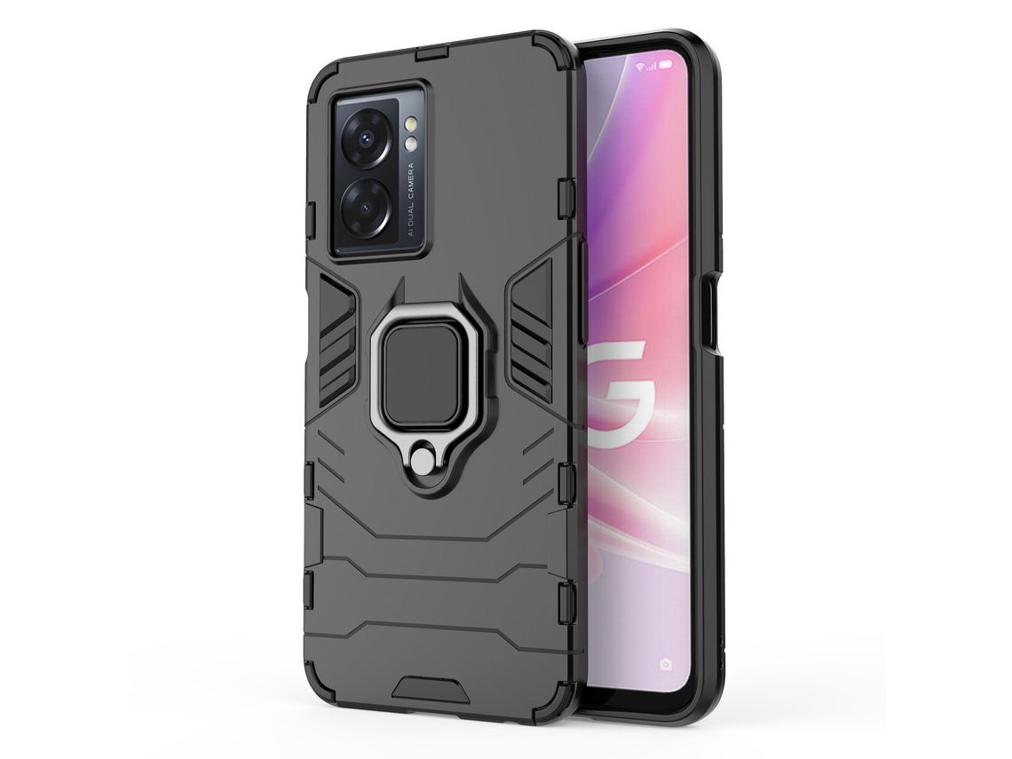 For Oppo A57 2022 Ring Kickstand Rugged Phone Cover Wear-Resistant Hard Pc Soft Tpu Frame Protective Caseblack