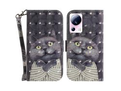For Xiaomi 13 Lite / Civi 2 5G Phone Pu Leather Case Wallet Stand Pattern Printing Cover With Strapembracing Cat