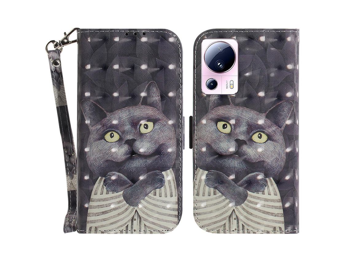 For Xiaomi 13 Lite / Civi 2 5G Phone Pu Leather Case Wallet Stand Pattern Printing Cover With Strapembracing Cat